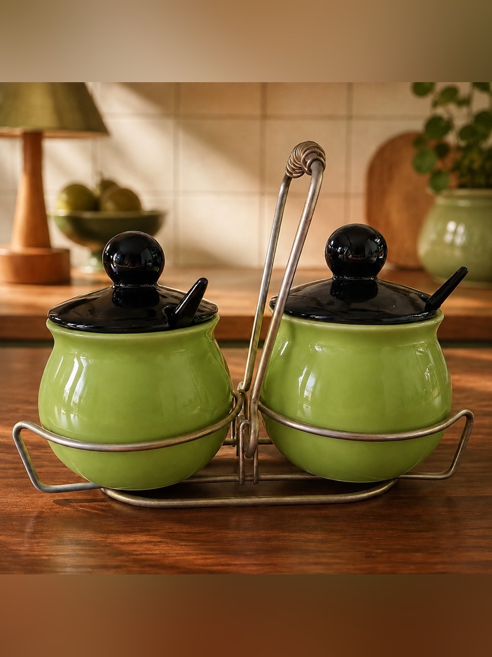 Vintage Mid Century Condiment Jar Set Green Black Ceramic Brass Caddy Spoons